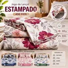 Kit Jogo de Lençol Percal 400 Fios Estampado 03 Peças Solteiro, Casal, Queen e King Com Elástico