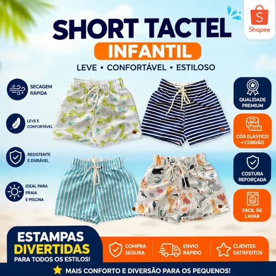 Short Tactel Infantil Menino Estampado Escola Dia a dia Praia Piscina Leve Confortável 1 a 8 Anos