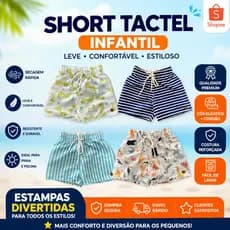 Short Tactel Infantil Menino Estampado Escola Dia a dia Praia Piscina Leve Confortável 1 a 8 Anos