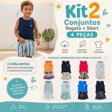 Kit 2 Conjuntos Sortidos Infantil Menino Camiseta Regata Algodão + Short Tactel Escola Verão Praia