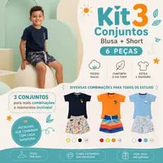 Kit 3 Conjuntos Sortidos Infantil Menino Camisa Algodão + Short Tactel 6 Meses a 8 Anos Escola Verão
