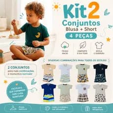 Kit 2 Conjuntos Sortidos Infantil Menino Camisa Algodão + Short Tactel 6 Meses a 8 Anos Escola Verão