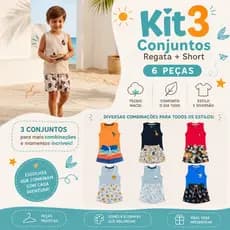 Kit 3 Conjuntos Sortidos Infantil Menino Camiseta Regata Algodão + Short Tactel Escola Verão Praia