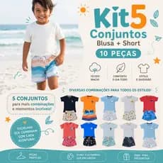 Kit 5 Conjuntos Sortidos Infantil Menino Camisa Algodão + Short Tactel Dia a dia Verão 10 peças