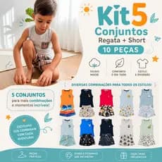 Kit 5 Conjuntos Sortidos Infantil Menino Camiseta Regata Algodão + Short Tactel Escola Verão Praia