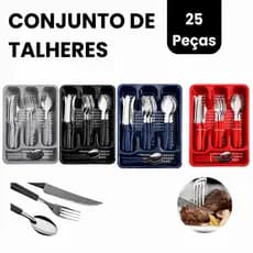 Jogo 25 Peças  Faqueiro Inox Conjunto Talheres Garfos Facas Com Suporte Gaveteiro Porta Talheres Cozinha Premium Kit