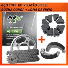 Kit Relação Completo Transmissão 14/34 Moto Biz 125 Aço1045  Lona Freio + Coxim Coroa + Patin 0,25