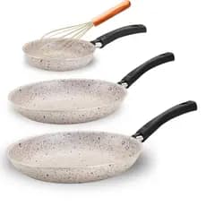 Jogo 3 Frigideiras + Utensilio Antiaderente Bege, Cinza Grafite Vermelha Teflonada 14cm, 18cm e 22cm