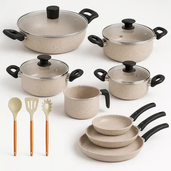 Jogo de Panela Caçarola Antiaderente Teflonada Wok 3 Frigideira  3 Utensílios Bege Cinza Vermelha