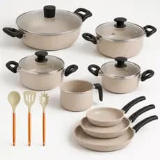 Jogo de Panela Caçarola Antiaderente Teflonada Wok 3 Frigideira  3 Utensílios Bege Cinza Vermelha