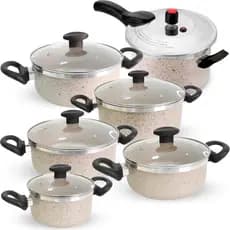1- Panela de Pressão 4,5 L Antiaderente + 5 Caçarolas Panelas Grossas 16cm á 24cm com Tampa de Vidro