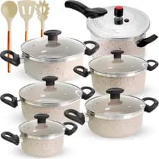 Jogo de Panela Antiaderente 16cm á 24cm + Panela de Pressão 4,5 Litros + 3 Utensílios de Silicone