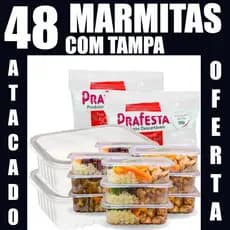 Potes plásticos descartáveis c/ tampa transparente, ideais para marmitas e congelados. Kits 24 ou 48 unid., 250ml a 750m