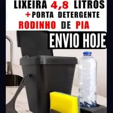 KIT PIA COMPLETO LIXEIRA CESTO COZINHA + PORTA DETERGENTE ESPONJA BUCHA SABÃO + RODINHO CONJUNTO PIA