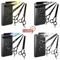 Kit com 3 Tesouras Pretas Profissionais - Fio Laser 6,0 Navalha Desfiadeira Obopekal Barbeiro