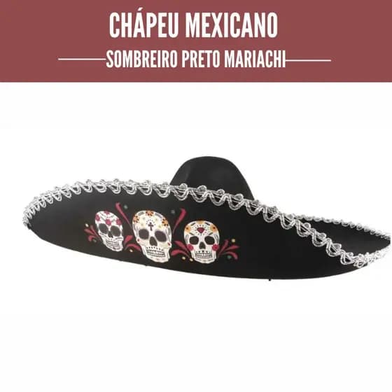 Chapéu Mexicano Sombreiro Preto Mariachi Decoradas para Festa e Carnaval Aba Média/Aba Grande