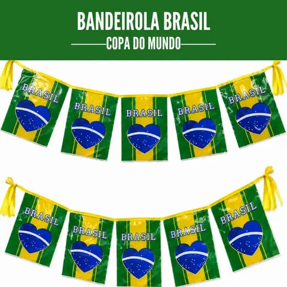 Bandeirolas Brasil 10 metros Copa do Mundo Varal de Bandeira Festa Decoração C/10 Bandeiras