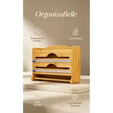Organizador de Bambu Porta Tempero Papel Toalha Plástico Filme Alumínio C/Cortador P/Cozinha - CX269