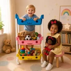 Organizador de Brinquedos Infantil 3 Prateleiras com Rodinhas Porta Livros e Cestos - Personalizavel