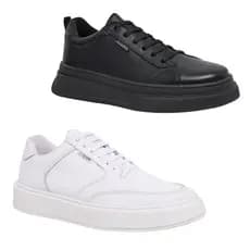 Kit 2 Pares Sapatênis Casual Couro Ajuste Cadarço Elástico Palmilha Gel