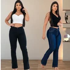 KIT 02 Calças Jeans Feminina Flare Cos Alto Levanta Bumbum Com Lycra Boca De Sino