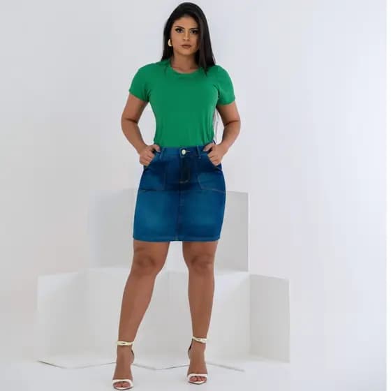 Saia Jeans Evangélica Veste bem com Cós Alto e Elastano