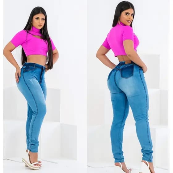 Calça Feminina Jeans Cós Alto Até o Umbigo Veste Bem Modelagem Levanta Bumbum Roupas Femininas