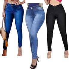 Kit 3 Calças Jeans Feminina Cós Alto C/ Lycra Elastano Modelagem Levanta Bumbum