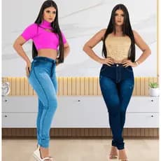 Kit 02 Calças Cós Alto Jeans Feminino Com Elastano Até o Umbigo Skinny Veste bem (Hot Pants)