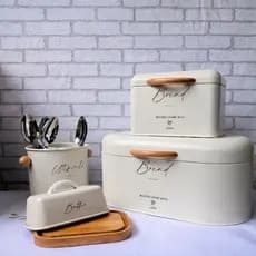 Porta Pão / Manteigueira e porta talheres em metal com Bambu Branco Vintage