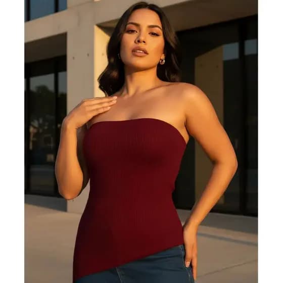 Blusinha Tomara que Caia Bata Com Bojo Assimétrica Canelada Ribana Moda Moderna Blogueira