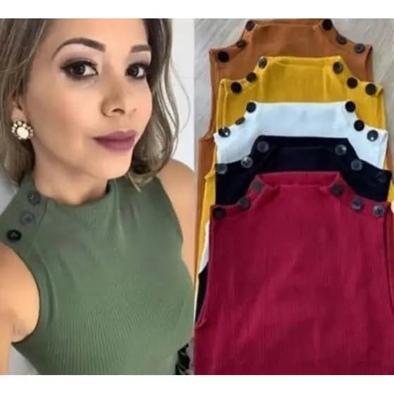 Blusa Blusinha Gola Alta Botão Ombro Feminina Regata Básica Sem Bojo Tendência Casual Top