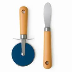 Kit Cortador de Pizza e Faca de Manteiga Inox Cabo de Madeira Utensílios de Cozinha Duráveis Moderno