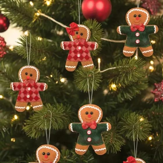 Kit 8 Enfeites Árvore Natal Boneco Biscoito Feltro Gingerbread Xadrez Premium Pendurável Natalino