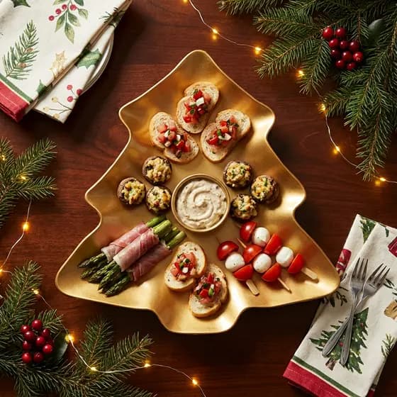 Kit 2 Petisqueiras Bandeja Prato de Natal Formato Árvore Vermelha Dourada Metalizadas Decoração Mesa Posta