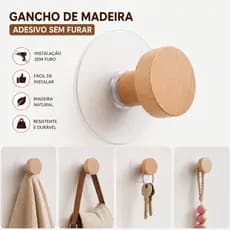 Kit Gancho Adesivo Madeira Redondo Sem Furar Multiuso Banheiro Quarto Cozinha Toalha Bolsa Roupa Infantil Criança