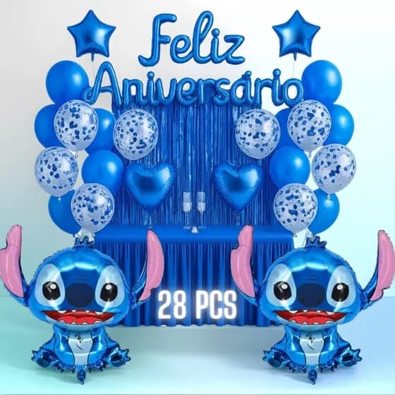 Kit C/ 28 Pcs Balão Disney Lilo Stitch Feliz Aniversario Cortina Bexiga Festa Decoração Enfeite Aniversario