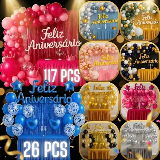 Kit 26 / 117 Pcs Balão Feliz Aniversario Cortinas Bexigas -colorida Festa Decoração Enfeite