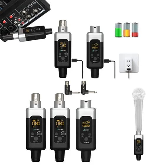 Conversor Microfone Sem Fio Uhf 1 Transmissor 2 Receptor 48v Preto E Prata