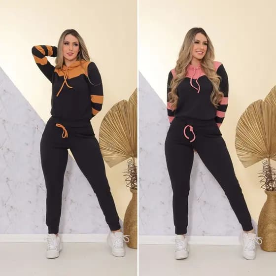 Kit 2 conjunto Calça e Blusa Crepe Tipo Moletom Com Touca Roupa de Frio