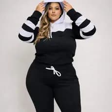 Conjunto Feminino Manga Comprida Capuz e Listra Plus Size Grande Top