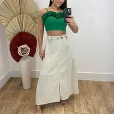 Saia Longa Cintura Alta Linho Forrada Com Bolsos Moda Atual Oferta Hoje