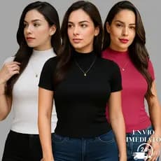 Kit 4 Blusa Feminina Canelada Gola Alta Manga Curta