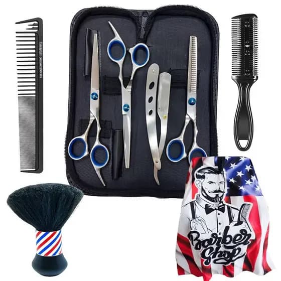 KIT TESOURAS CABELEIREIRO BARBEIRO PRATA + CAPA CORTE ESTAMPADA + PENTE NAVALHA+ ESPANADOR + PENTE CABELO
