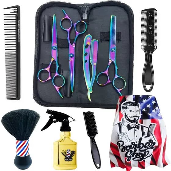 KIT 3 TESOURAS BARBEIRO FURTA + CAPA CORTE ESTAMPADA + PENTE NAVALHA+ ESPANADOR + PENTE CABELO + BORRIFADOR + ESCOVINHA