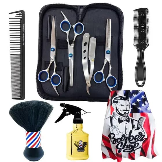 KIT TESOURAS CABELEIREIRO BARBEIRO PRATA + CAPA CORTE ESTAMPADA + PENTE NAVALHA+ ESPANADOR + PENTE CABELO + BORRIFADOR