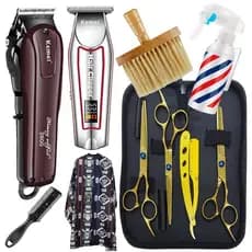Kit Maquinas de Cortar Cabelo + Kit Tesouras Profissionais Para Barbeiro Tesoura Fio Navalha Capa Maquinas KM2600 KM034