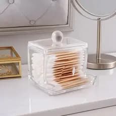 Dispenser Cotonete Acrilico Tampa Transparente Organizador Hastes Algodao Banheiro Luxo