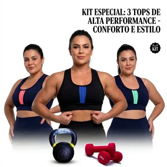 Kit 3 Top Academia Com Bojo Removível Sustentação Fitness Suplex Academia Treino Ginastica