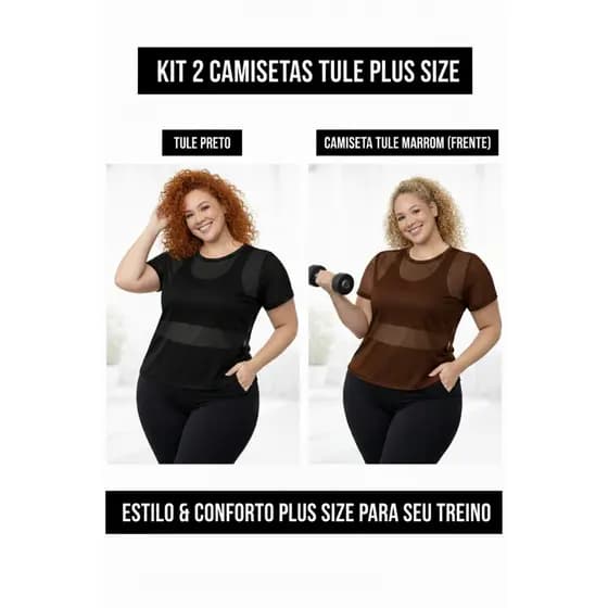 kit 2 Blusas Tule Plus Size Feminina Sobreposição Academia Fitness GG T-shirt Oversized veste 48a50